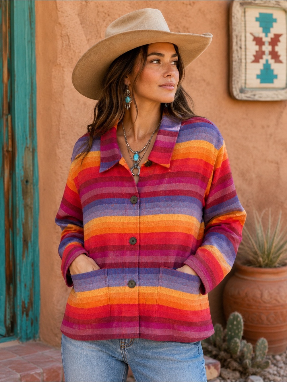Coldwater Creek Linen Cotton Sunset Stripe Jacket Petite XL Boho Santa Fe
